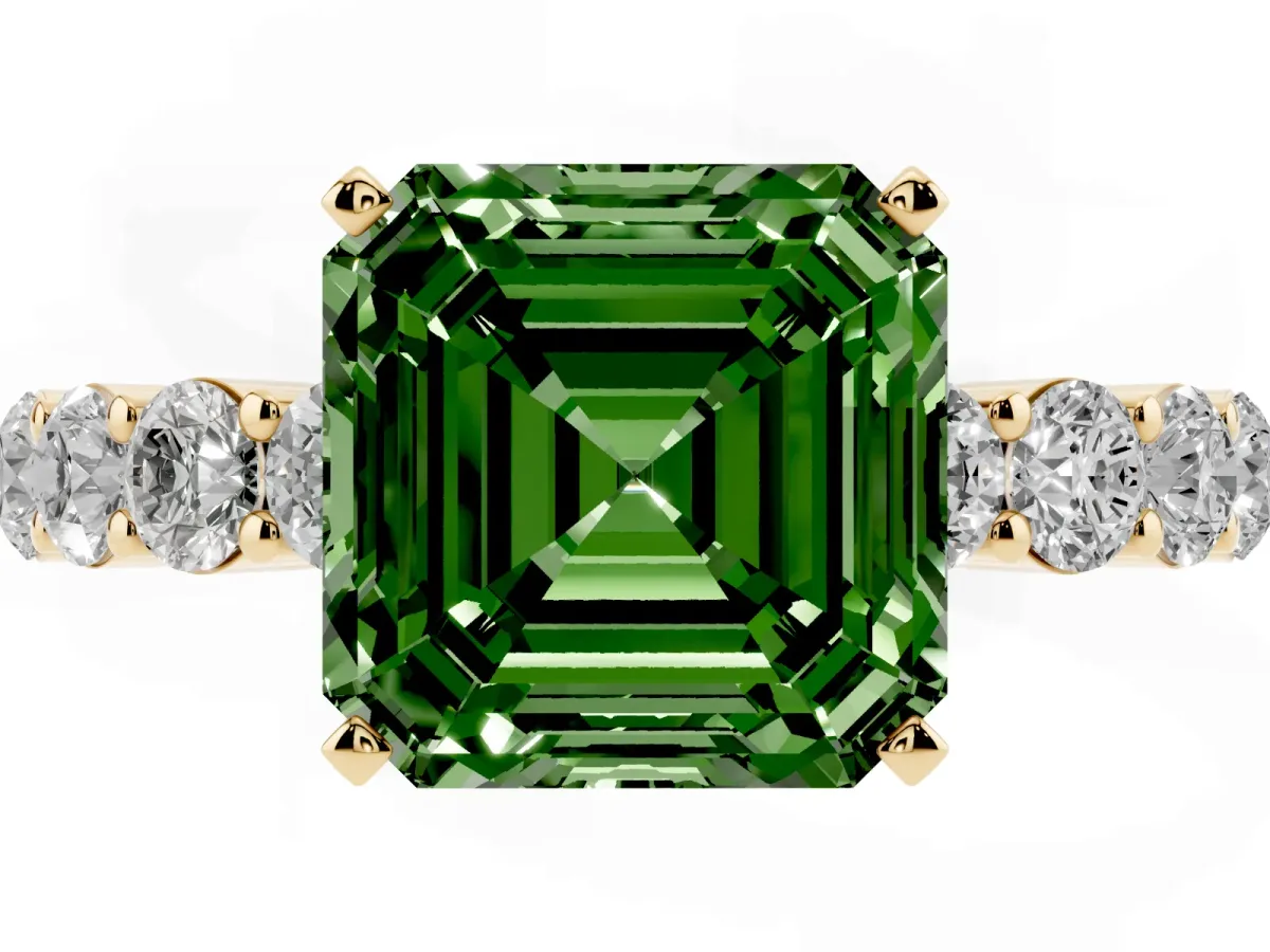 Fancy Green Asscher Cut Diamond Solitaire Ring with Shared Prong Round Side Stones Yellow gold
