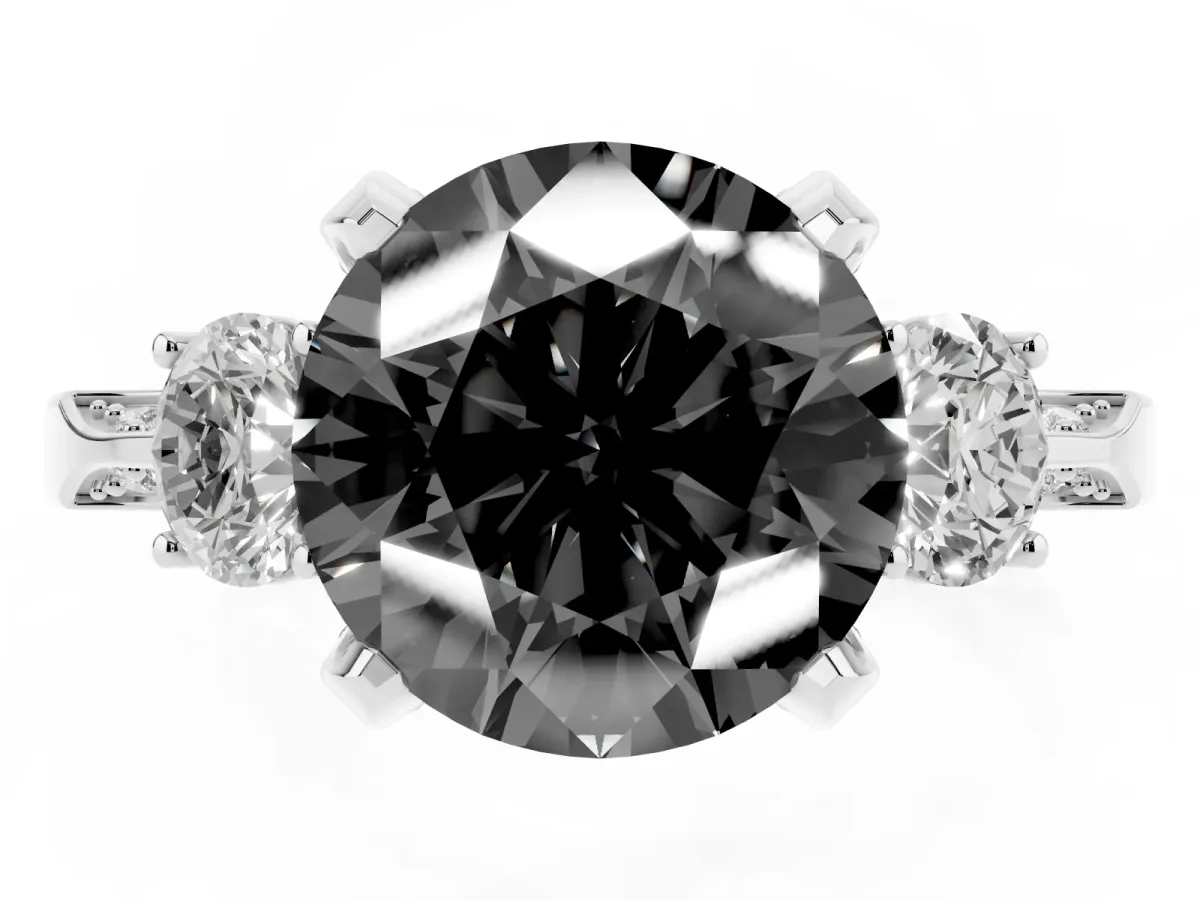 Fancy Black Round Cut Brilliant Three-Stone Diamond Ring with Pavé Band and Four-Prong Setting Platinum