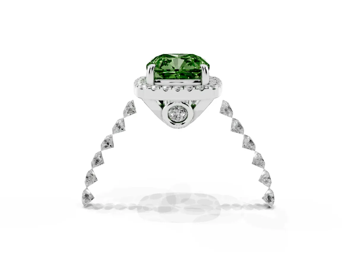 Fancy Green Cushion Cut Halo Pavé Diamond Engagement Ring with Four-Prong Setting Platinum