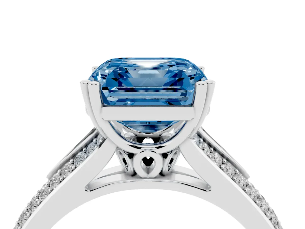 Fancy Blue Asscher Cut Diamond Split Shank Engagement Ring with Pavé Band Silver