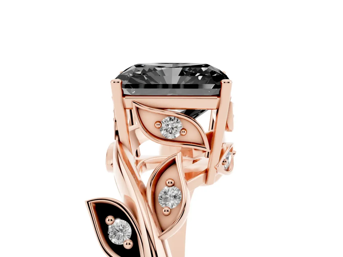 Fancy Black Radiant Cut Solitaire Twist Engagement Ring with Leaf Accents and Prong Setting Rose gold