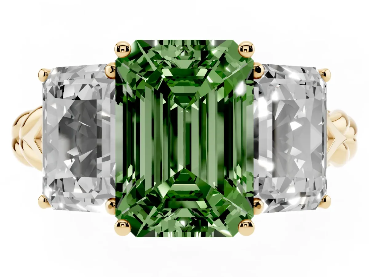 Fancy Green Three-Stone Emerald Cut Diamond Braided Band Ring with Four-Prong Setting Yellow gold