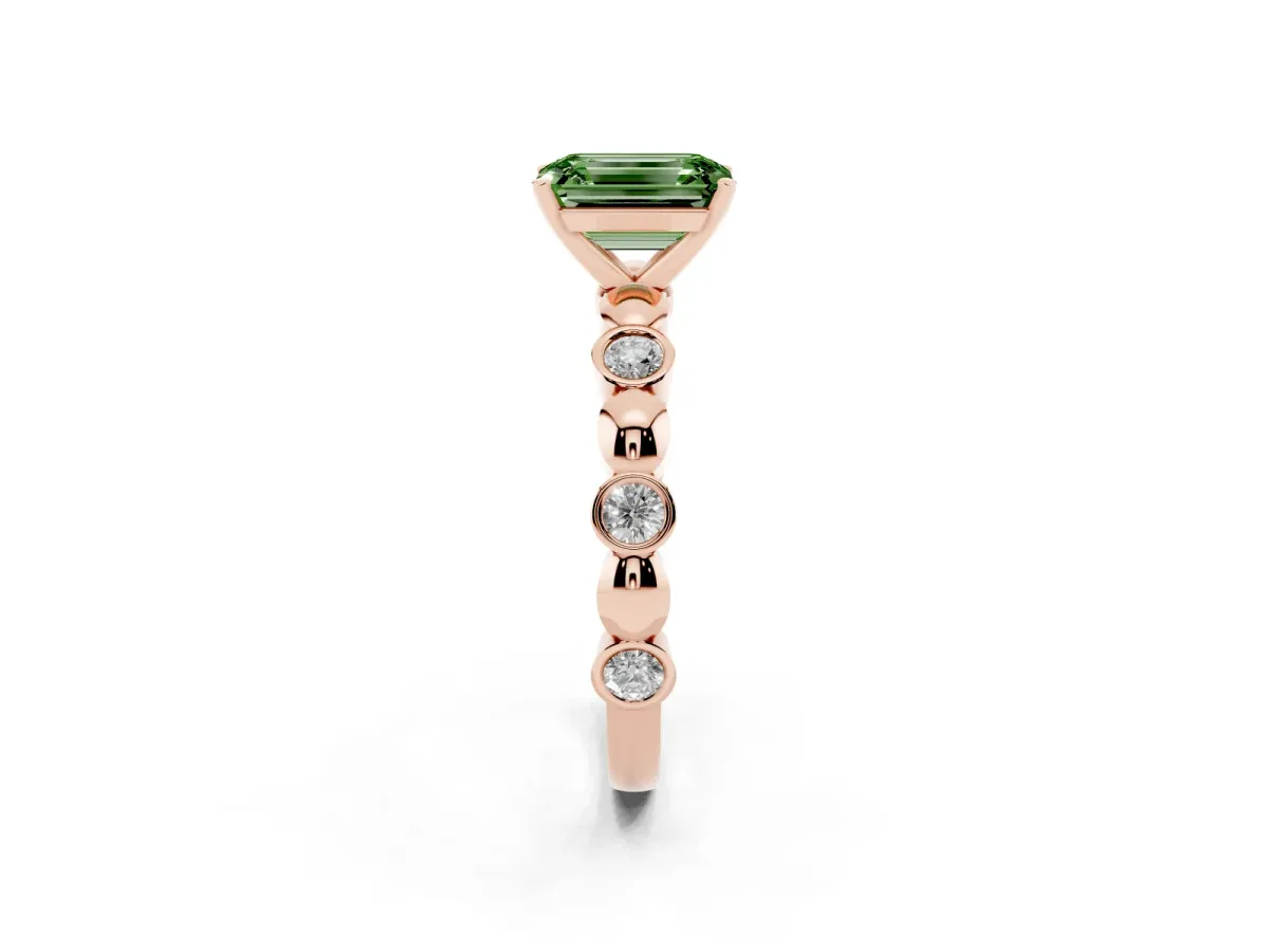 Fancy Green Emerald Cut Solitaire Bezel-Set Diamond Ring with Beaded Band and Four-Prong Setting Rose gold