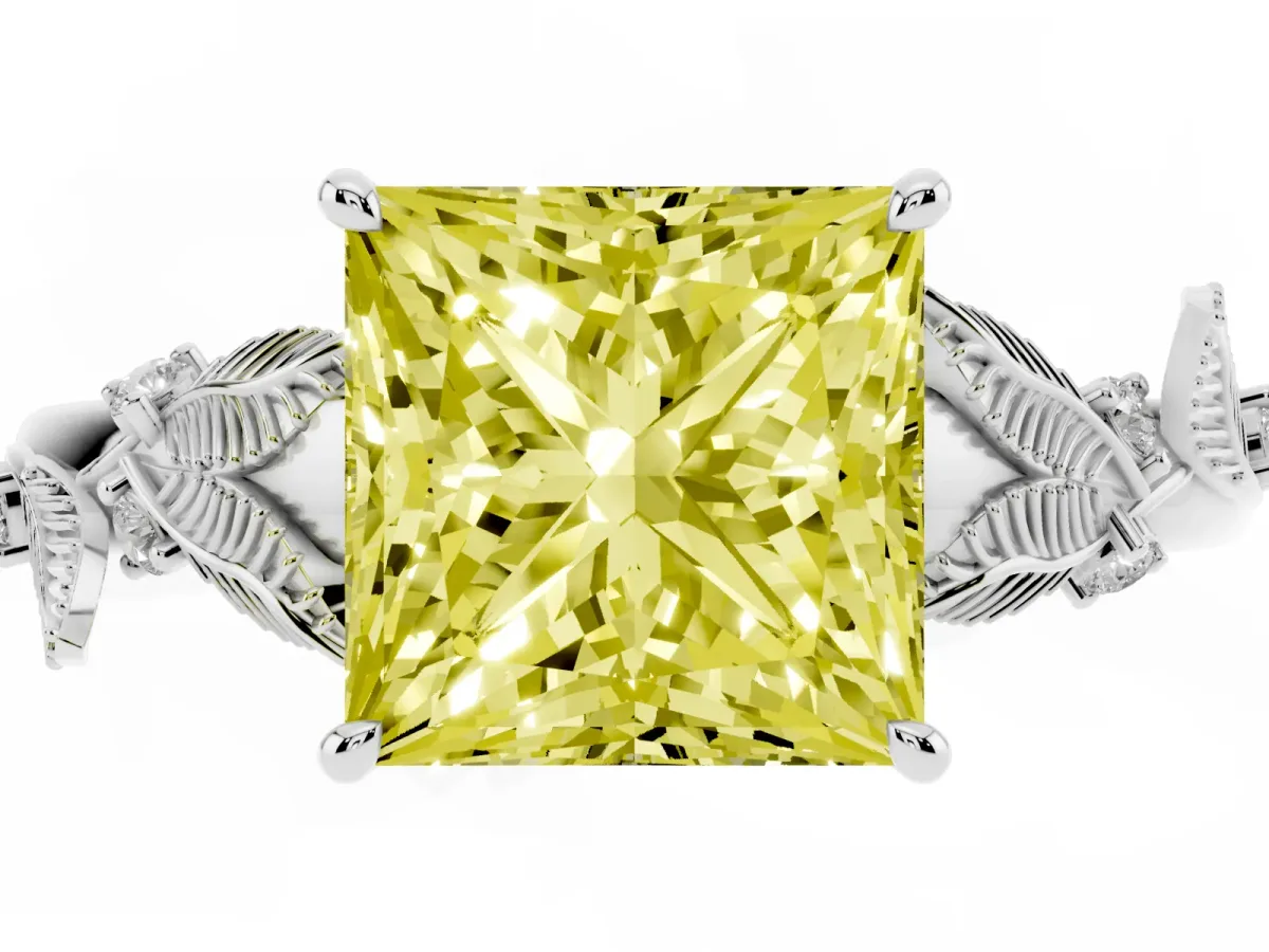 Fancy Yellow Princess Cut Diamond Solitaire Ring with Leaf Motif Band and Four-Prong Setting Silver
