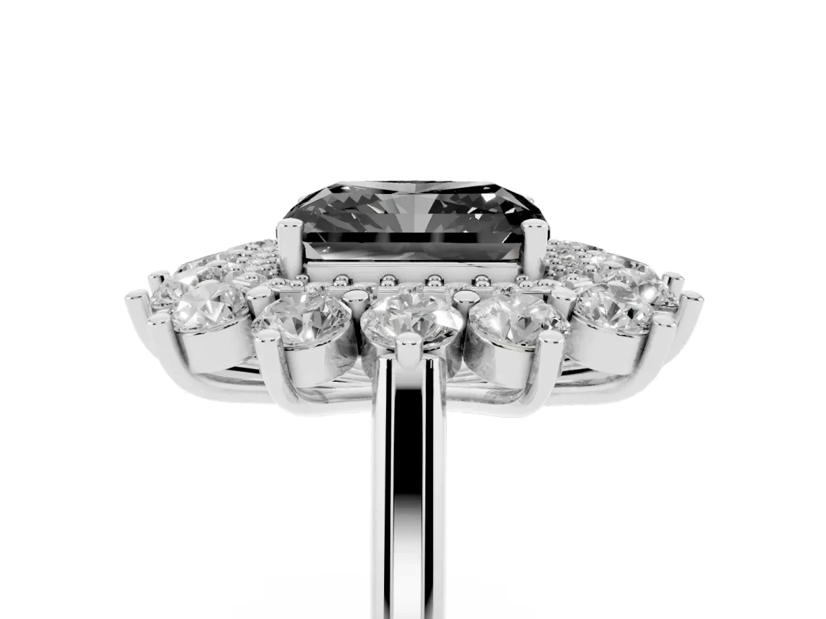 Fancy Black Radiant Cut Diamond Floral Double Halo Engagement Ring with Prong Setting Silver