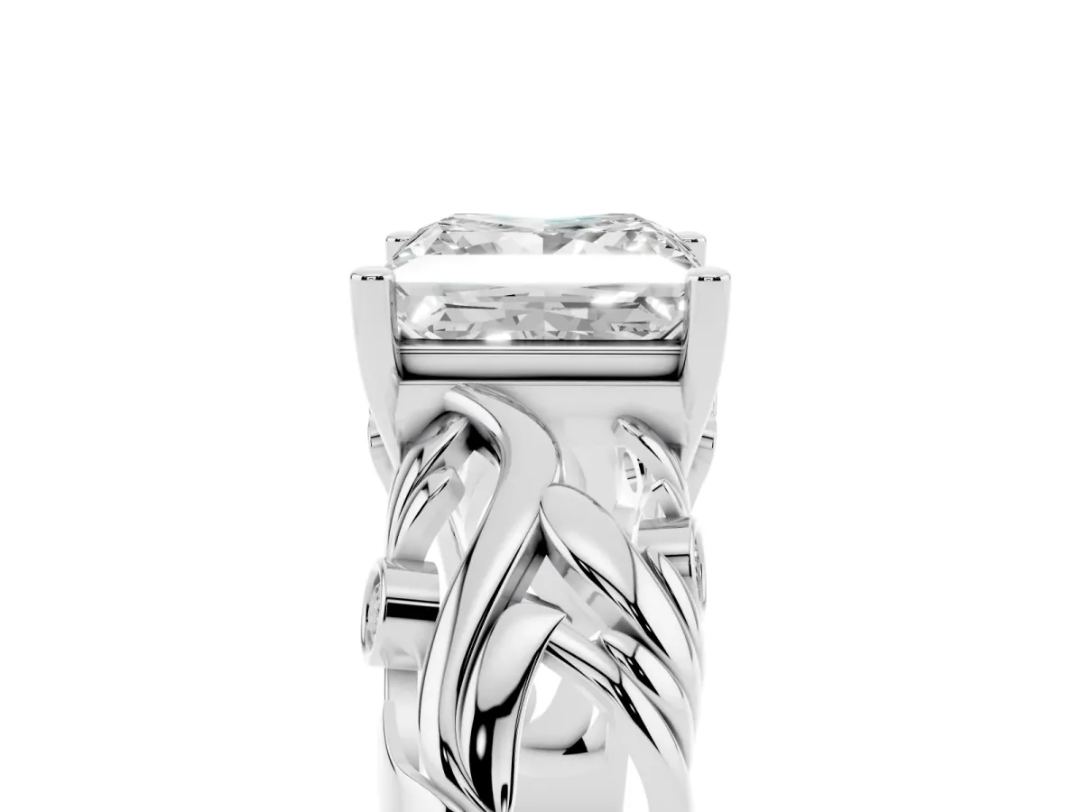 Princess Cut Solitaire Diamond Leaf-Inspired Vine Band Ring with Prong Setting Silver