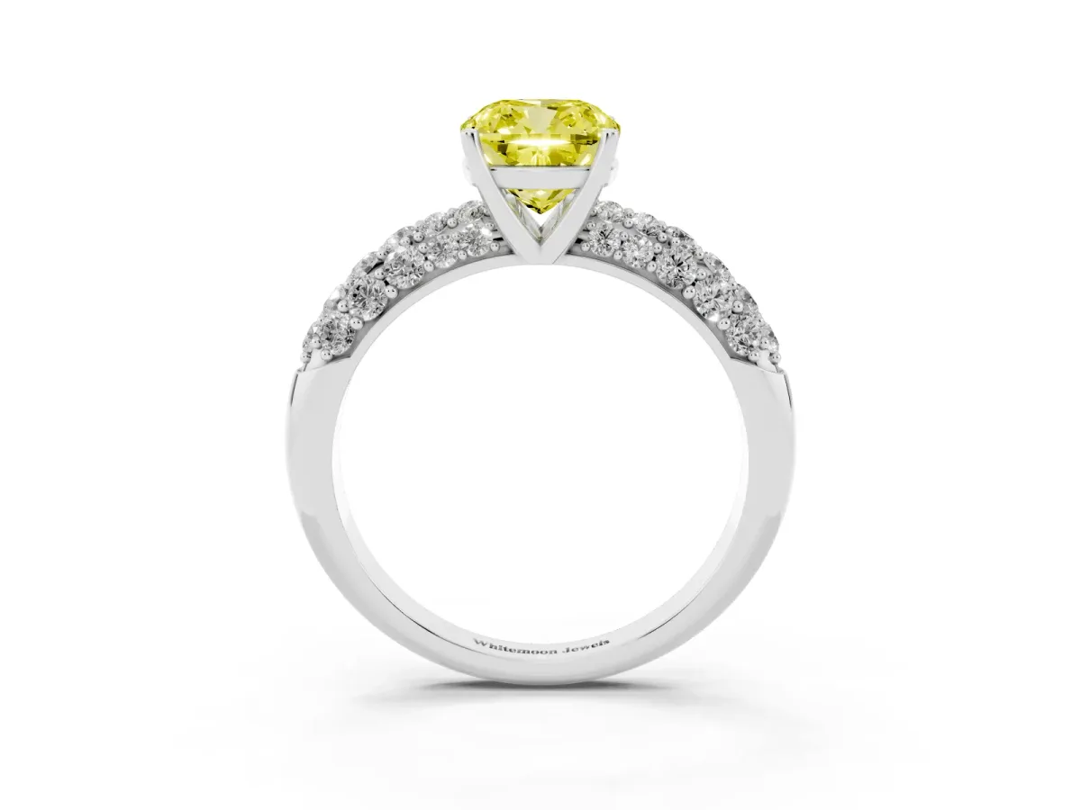 Fancy Yellow Cushion Cut Diamond Pavé Band Solitaire Ring with Four-Prong Setting Silver