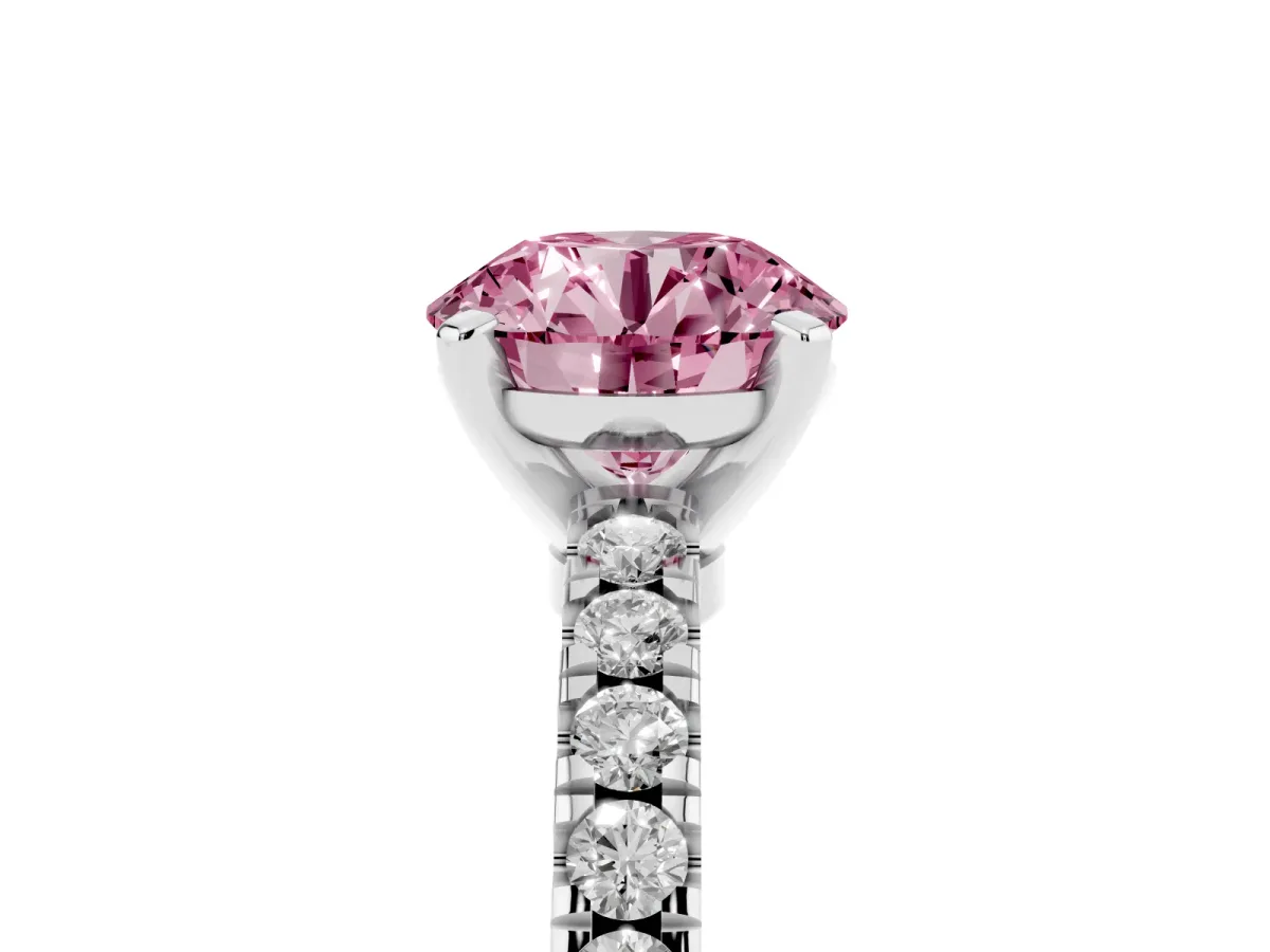 Fancy Pink Round Cut Solitaire Diamond with Pavé Band and Four-Prong Setting Silver