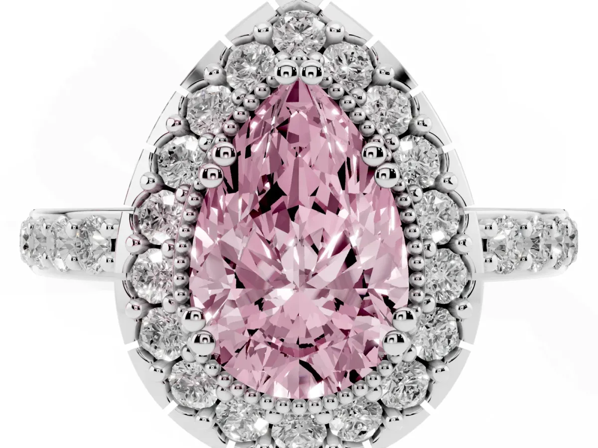 Fancy Pink Pear Cut Diamond Halo Ring with Pavé Band and Prong Setting Platinum