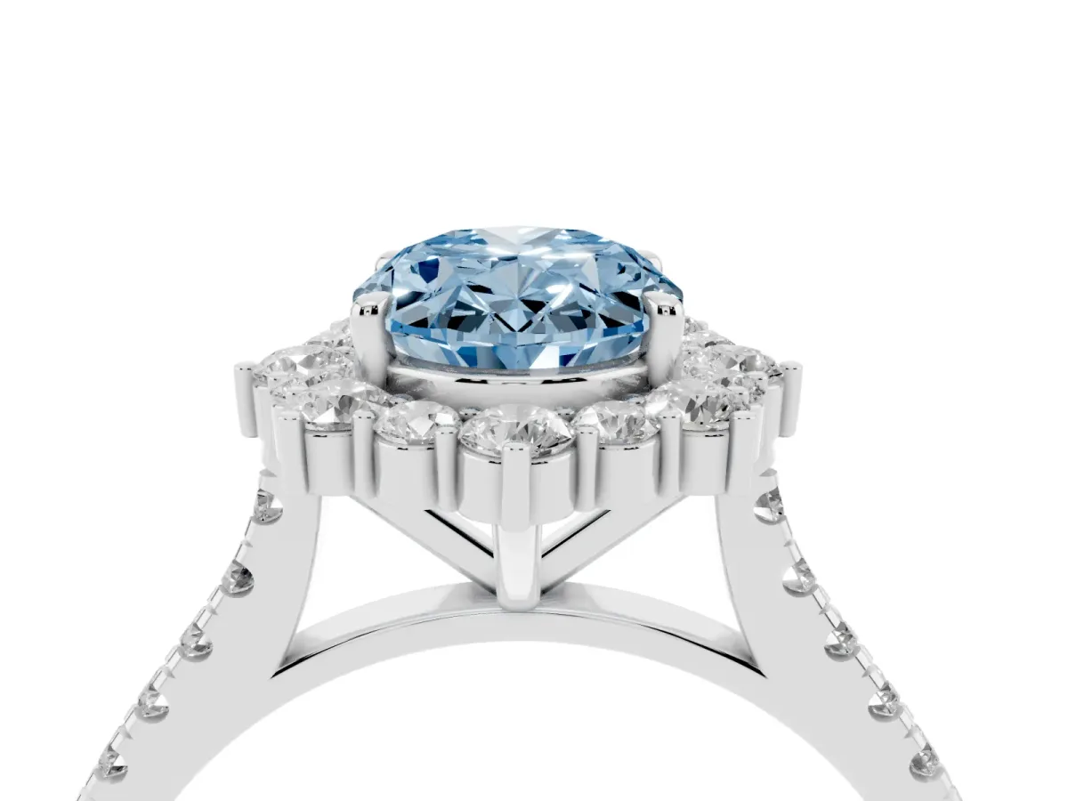 Fancy Blue Oval Cut Halo Diamond Ring with Pavé Band and Prong Setting Silver