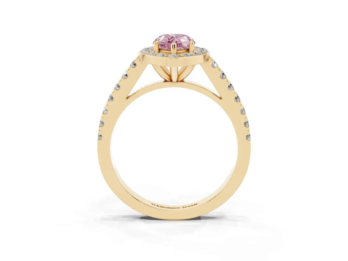 Fancy Pink Pear Cut Diamond Halo Ring with Round Pavé Split Shank and Prong Setting Yellow gold