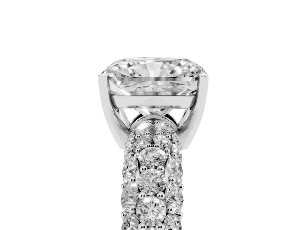 Radiant Cut Diamond Pavé Band Solitaire Ring with Four-Prong Setting Silver