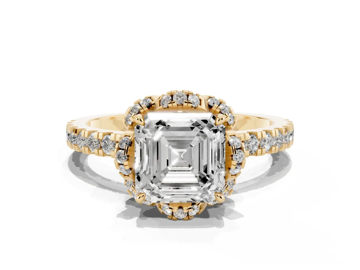 Asscher Cut Halo Diamond Pave Band Ring with Four-Prong Setting Yellow gold