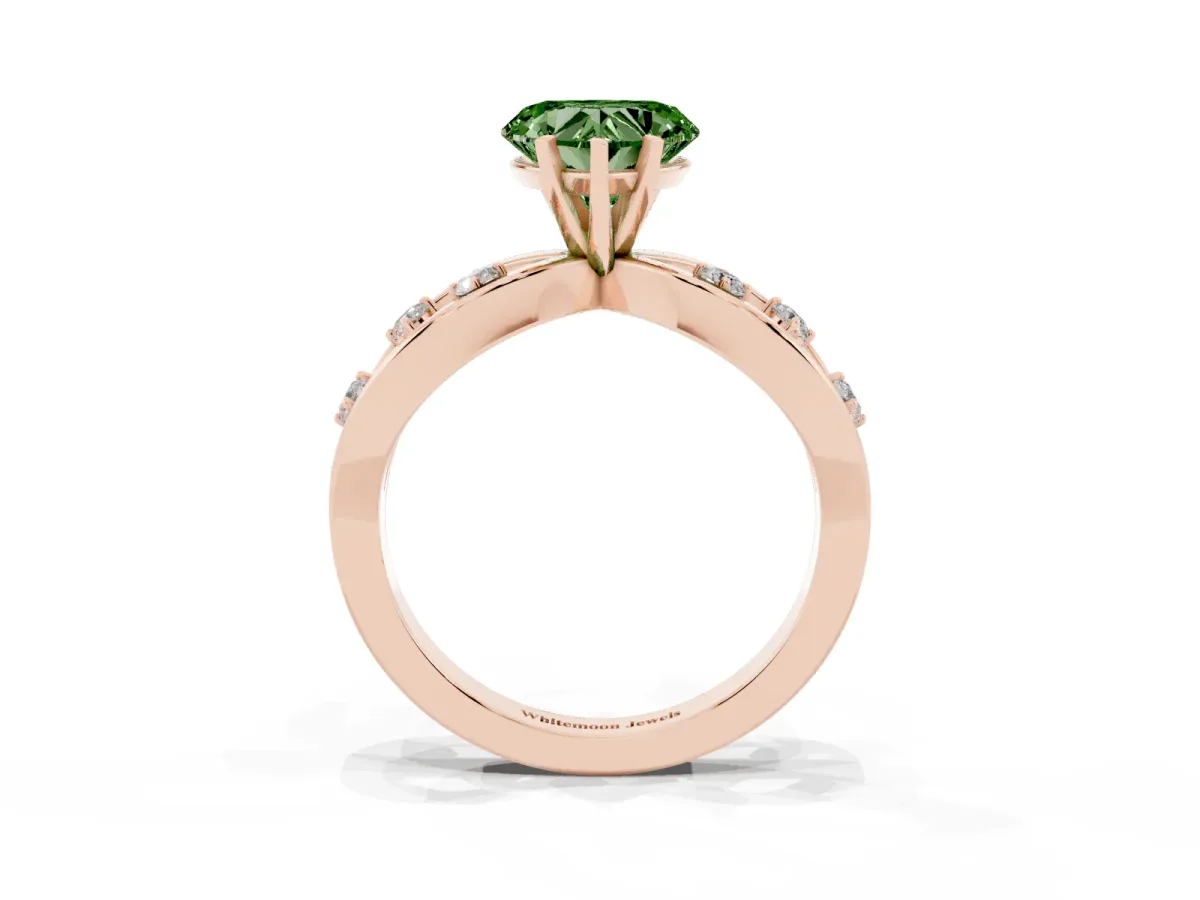 Fancy Green Heart Cut Cut Solitaire Diamond with Side Stones on Criss-Cross Band and Four-Prong Setting Rose gold