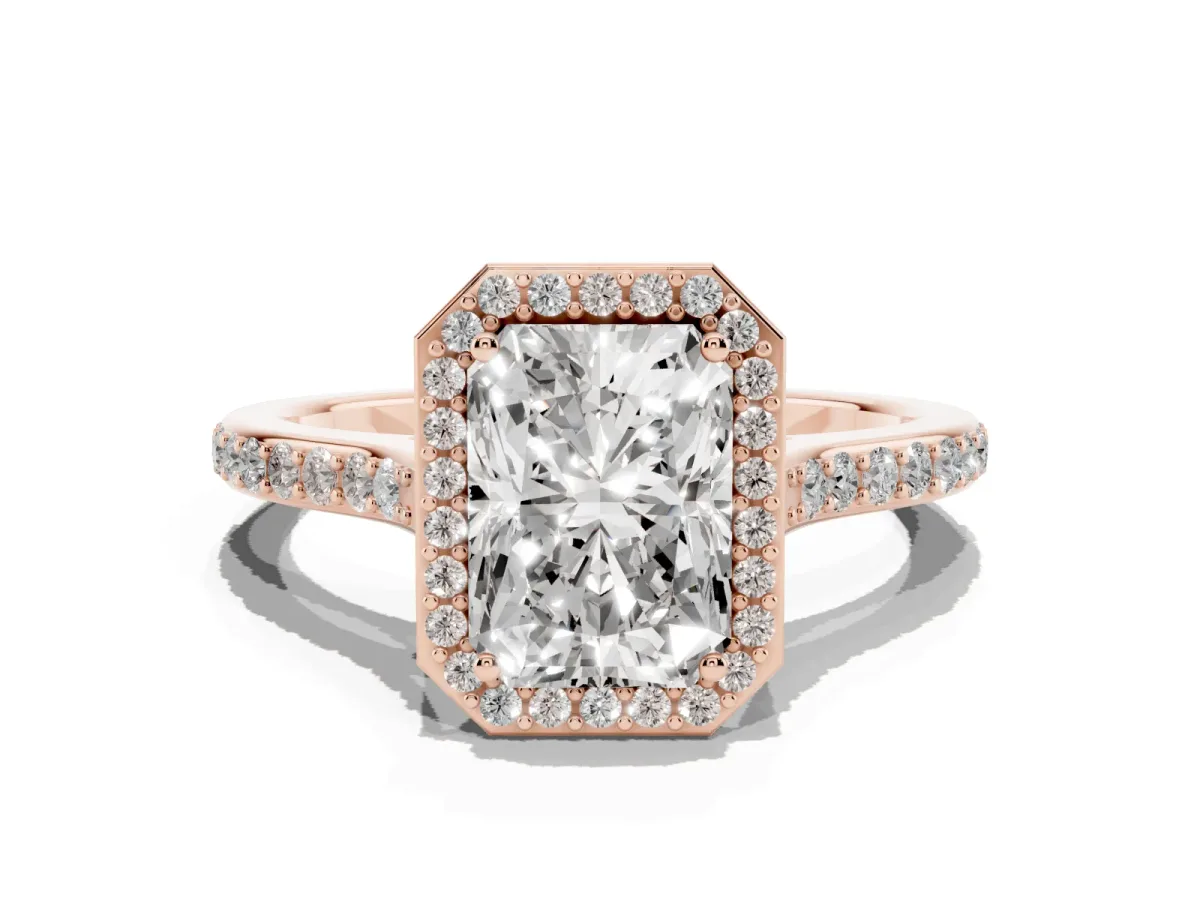 Radiant Cut Diamond Halo Engagement Ring with Round Pavé Shoulders and Prong Setting Rose gold