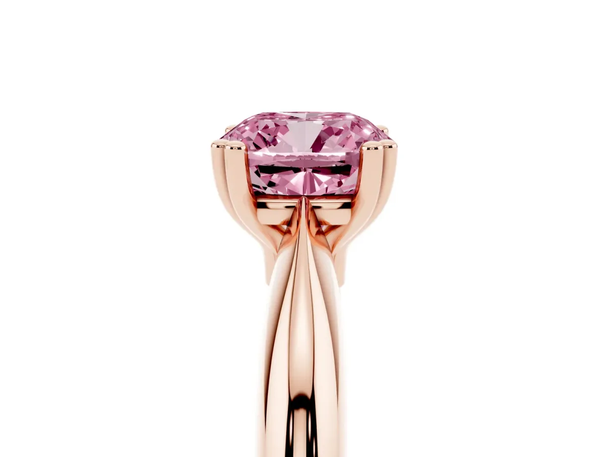 Fancy Pink Cushion Cut Cut Solitaire Engagement Ring with Tapered Band and Four-Prong Setting Rose gold