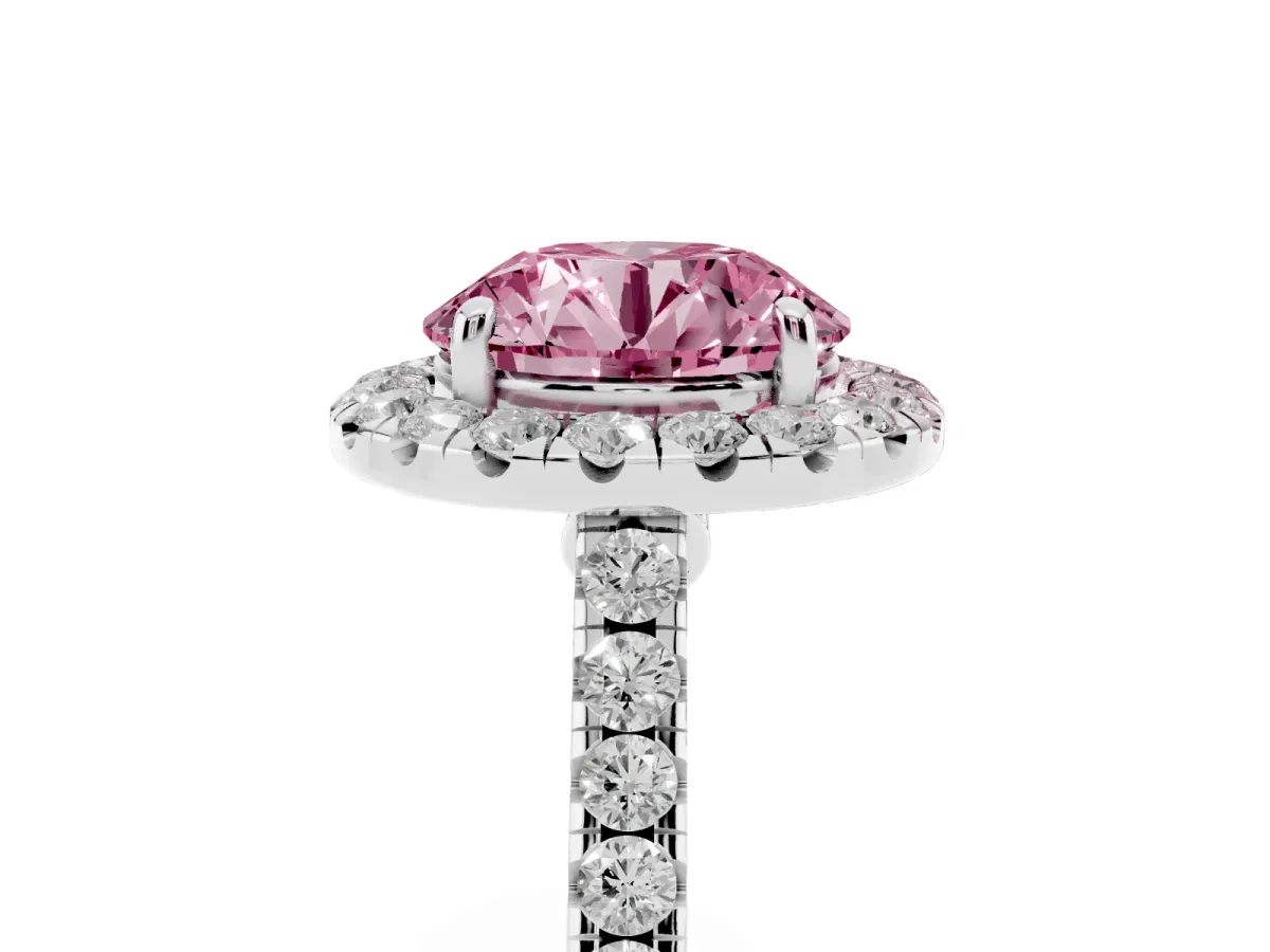 Fancy Pink Round Cut Halo Pave Diamond Engagement Ring with Four-Prong Setting Silver