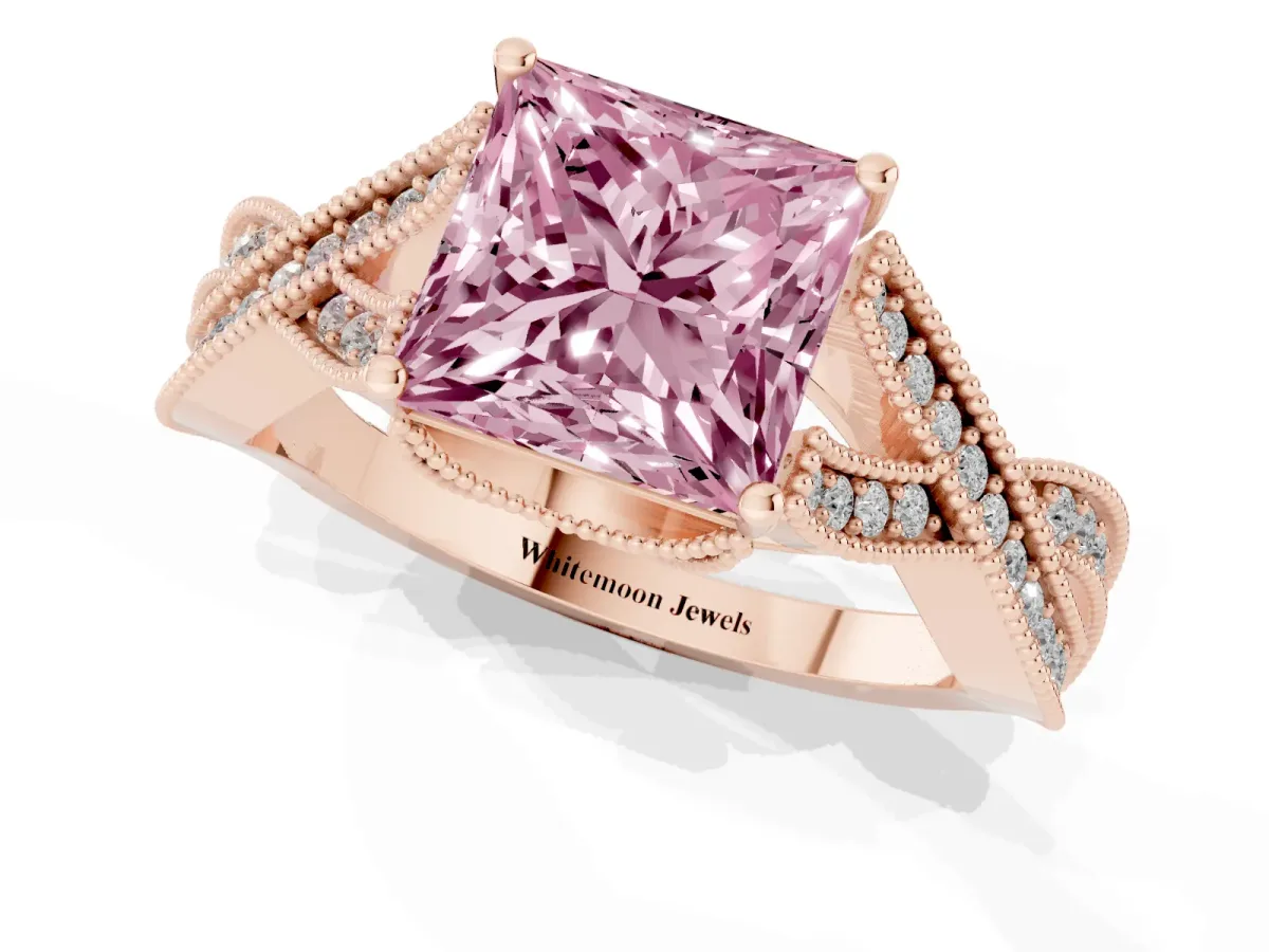 Fancy Pink Princess Cut Cut Diamond Twisted Band with Milgrain Pave Setting and Four-Prong Setting Rose gold