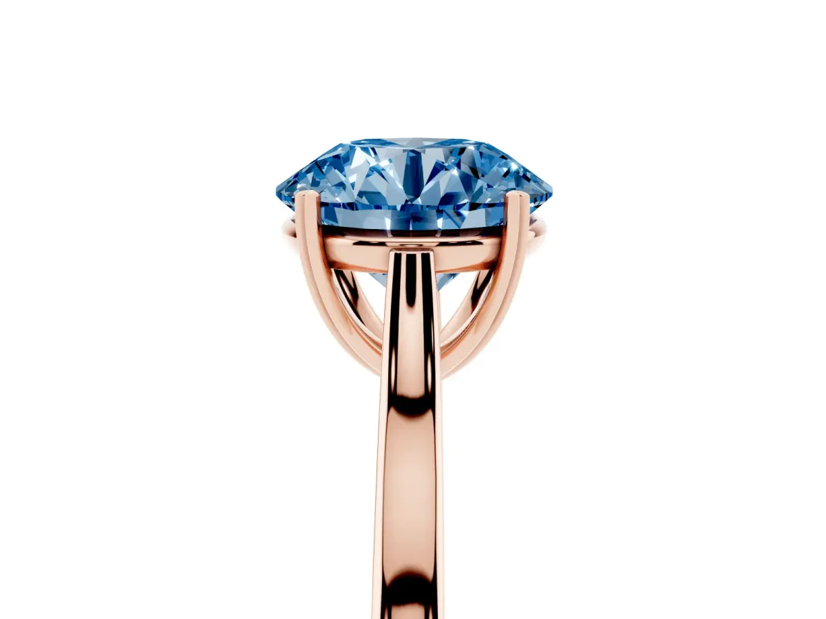 Fancy Blue Round Cut Solitaire Heart Prong Engagement Ring with Tapered Band Rose gold