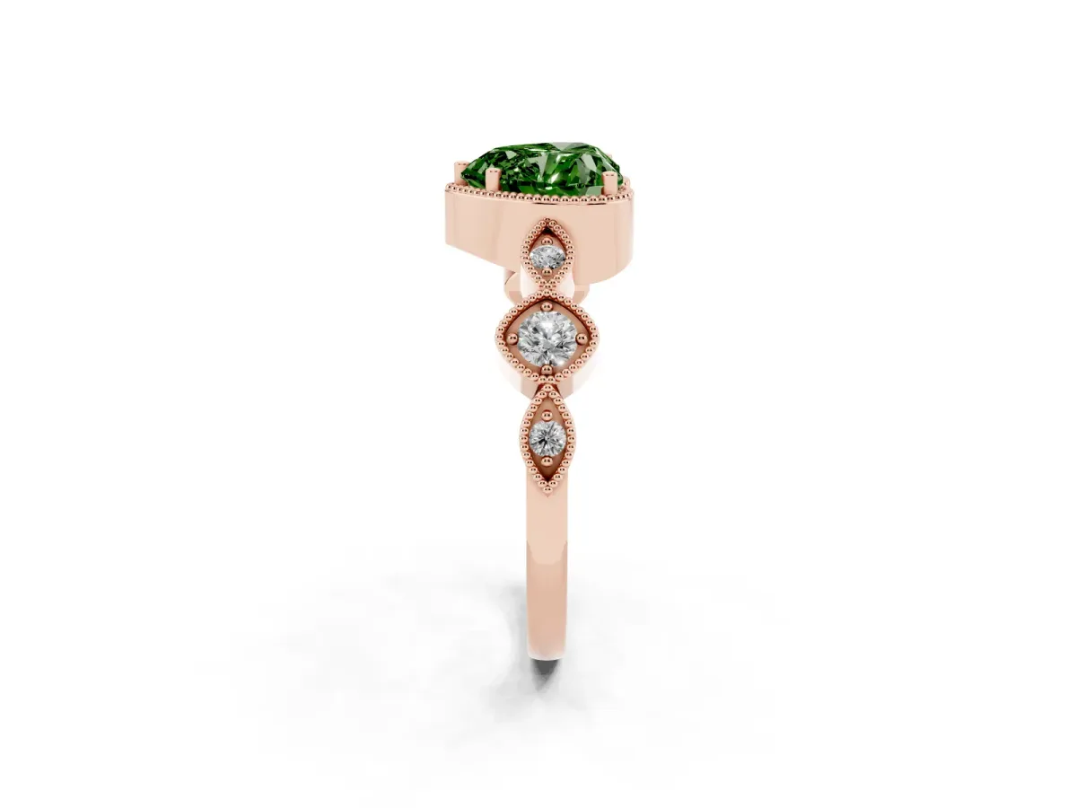 Fancy Green Heart Cut Diamond Vintage Milgrain Ring with Round Stations Rose gold