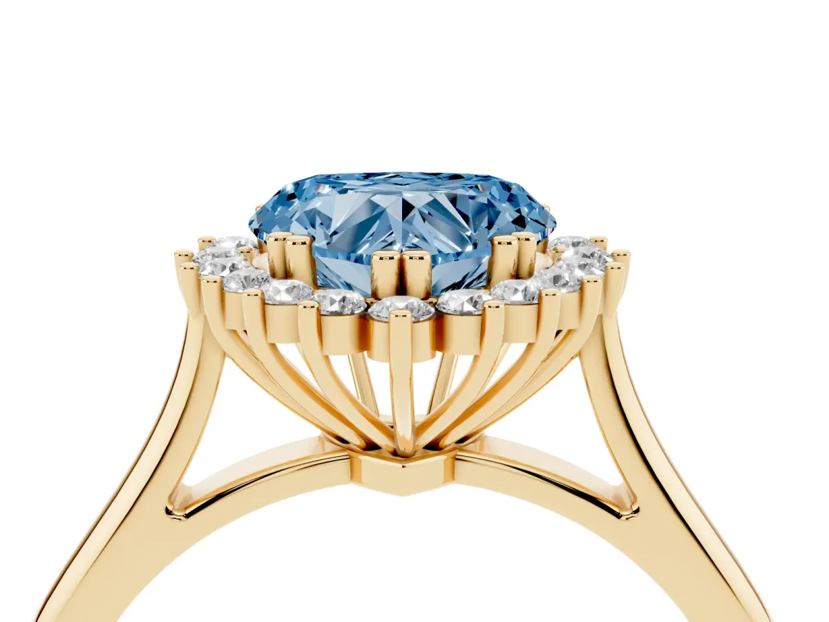 Fancy Blue Heart Cut Cut Diamond Halo Ring with Solitaire Band and Prong Setting Yellow gold