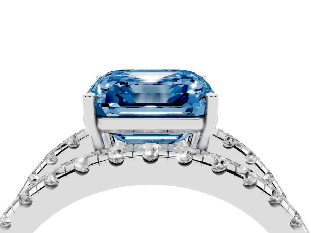 Fancy Blue Asscher Cut Solitaire Split Shank Pave Diamond Ring Platinum