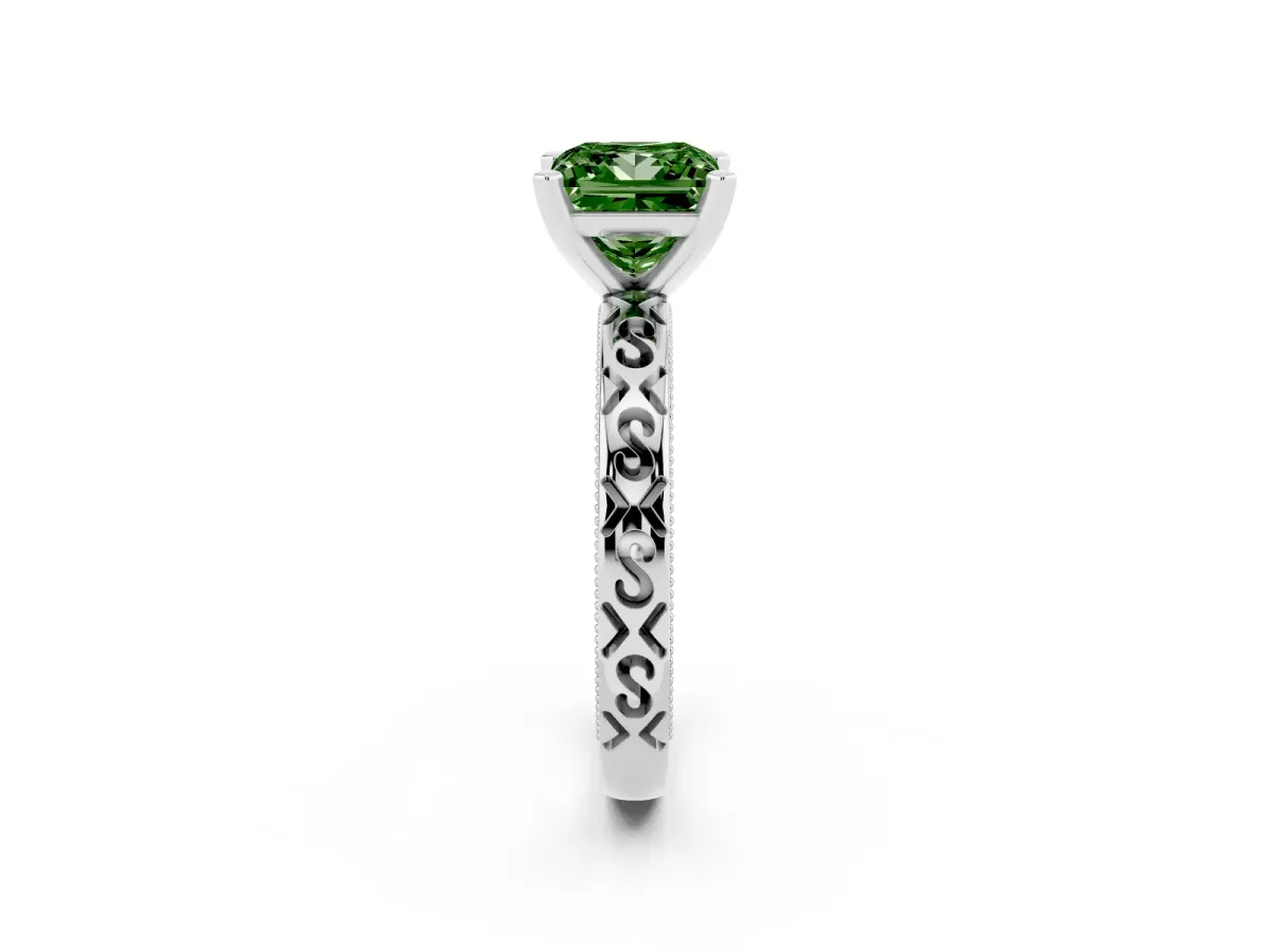 Fancy Green Princess Cut Solitaire Engagement Ring with Scrollwork Band and Four-Prong Setting Silver