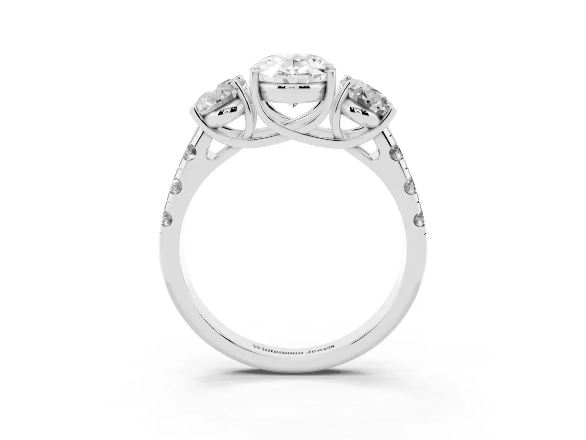 Three-Stone Oval Cut Diamond Pavé Band with Prong Setting Platinum