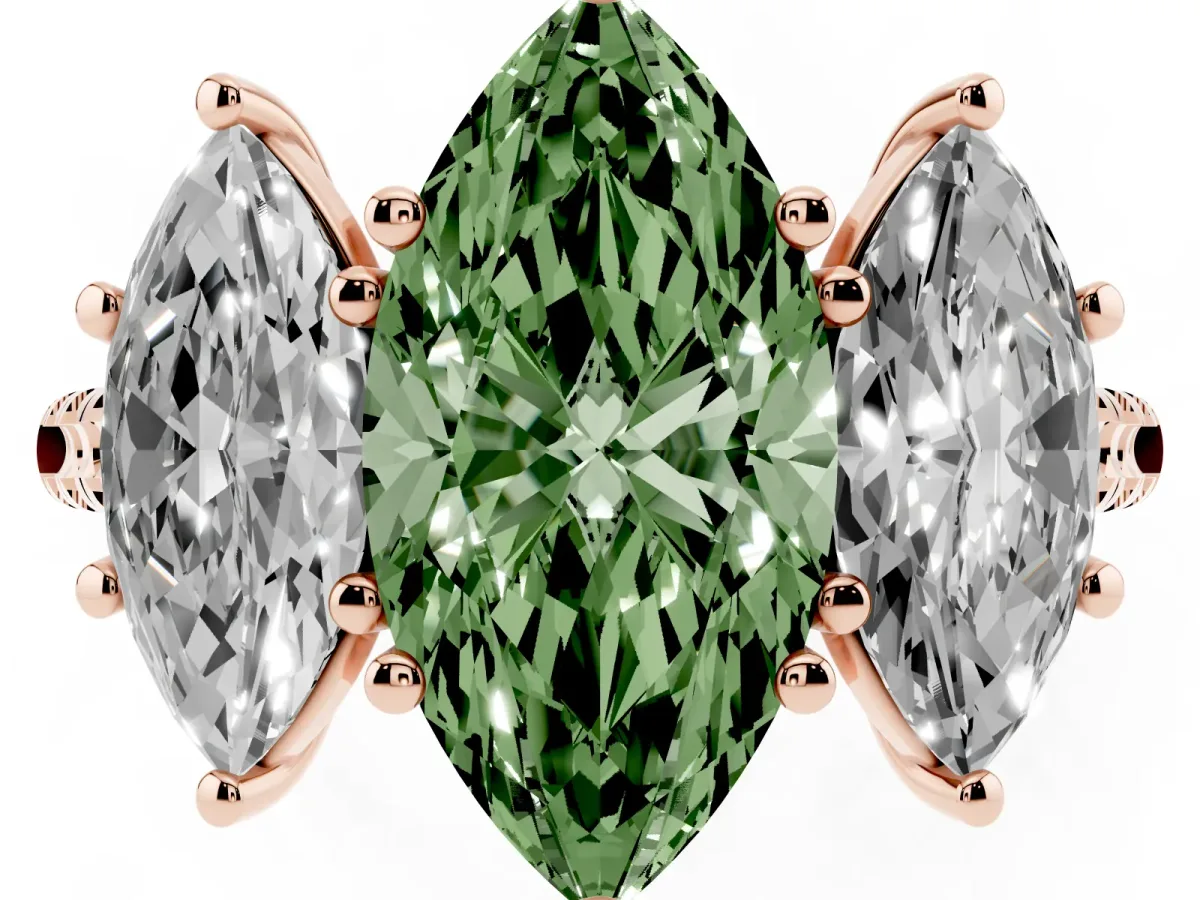 Fancy Green Three-Stone Marquise Cut Diamond Ring with Round Pavé Band and Prong Setting Rose gold