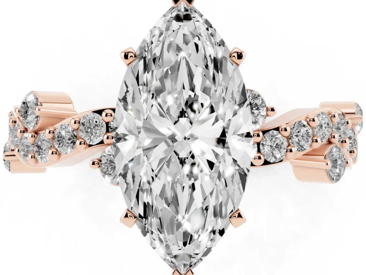 Marquise Cut Cut Solitaire Diamond Twisted Band with Pave Setting Rose gold