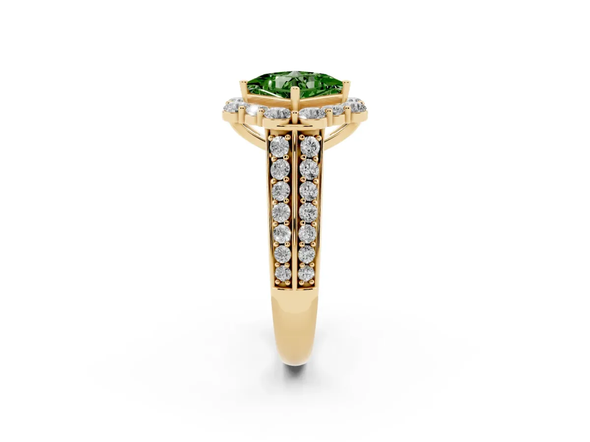 Fancy Green Princess Cut Halo Diamond Engagement Ring with Split Shank and Prong Setting Yellow gold