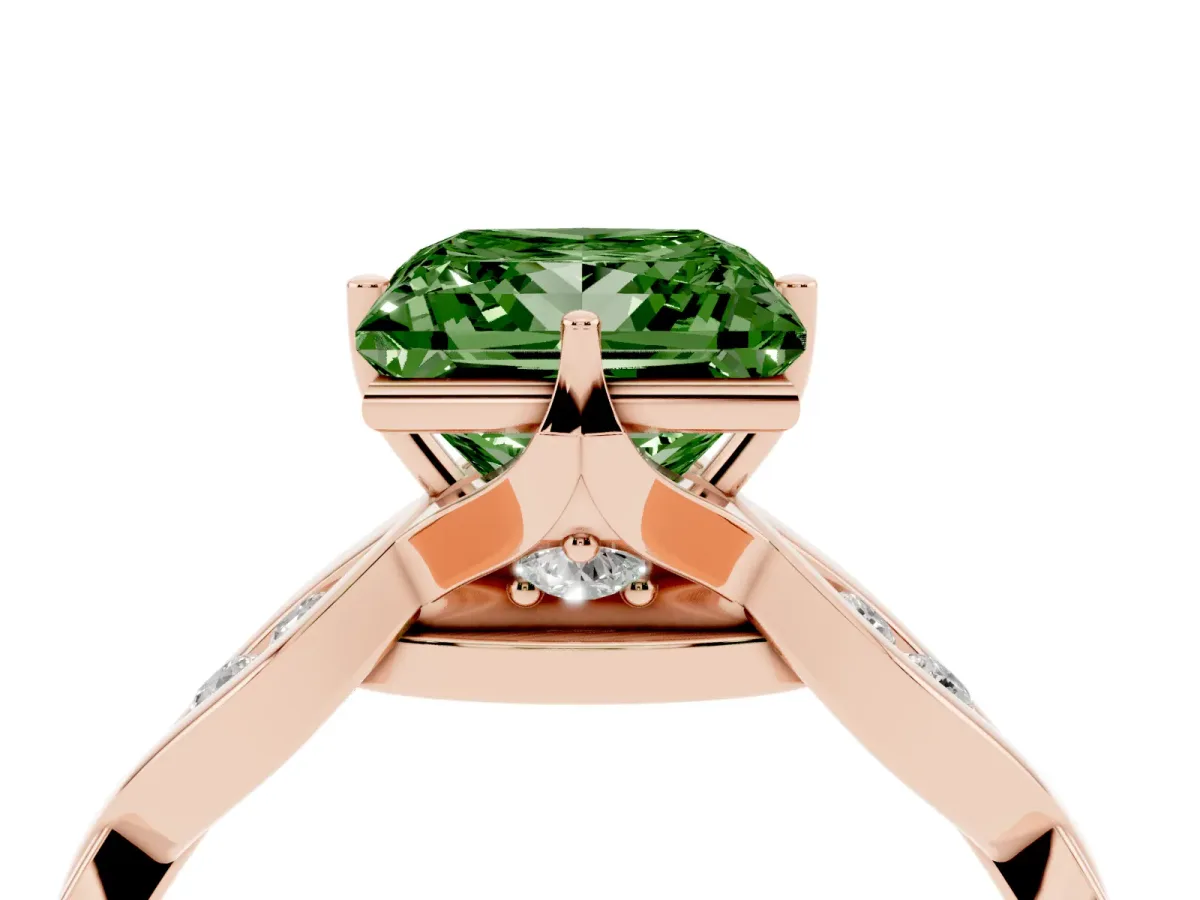 Fancy Green Princess Cut Solitaire Twist Band with Leaf Prong Setting Rose gold