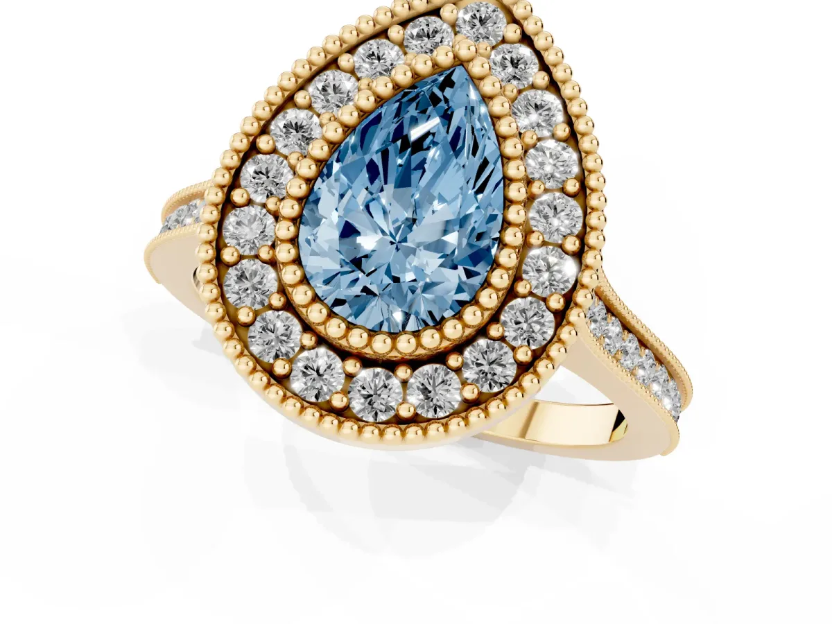 Fancy Blue Pear Cut Diamond Halo Ring with Milgrain Frame and Pavé Band Yellow gold