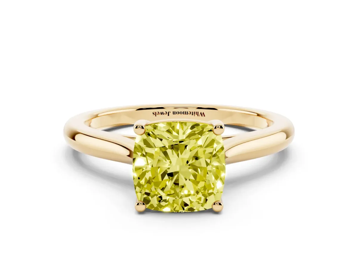 Fancy Yellow Cushion Cut Cut Solitaire Ring with Cathedral Band and Four-Prong Setting Yellow gold
