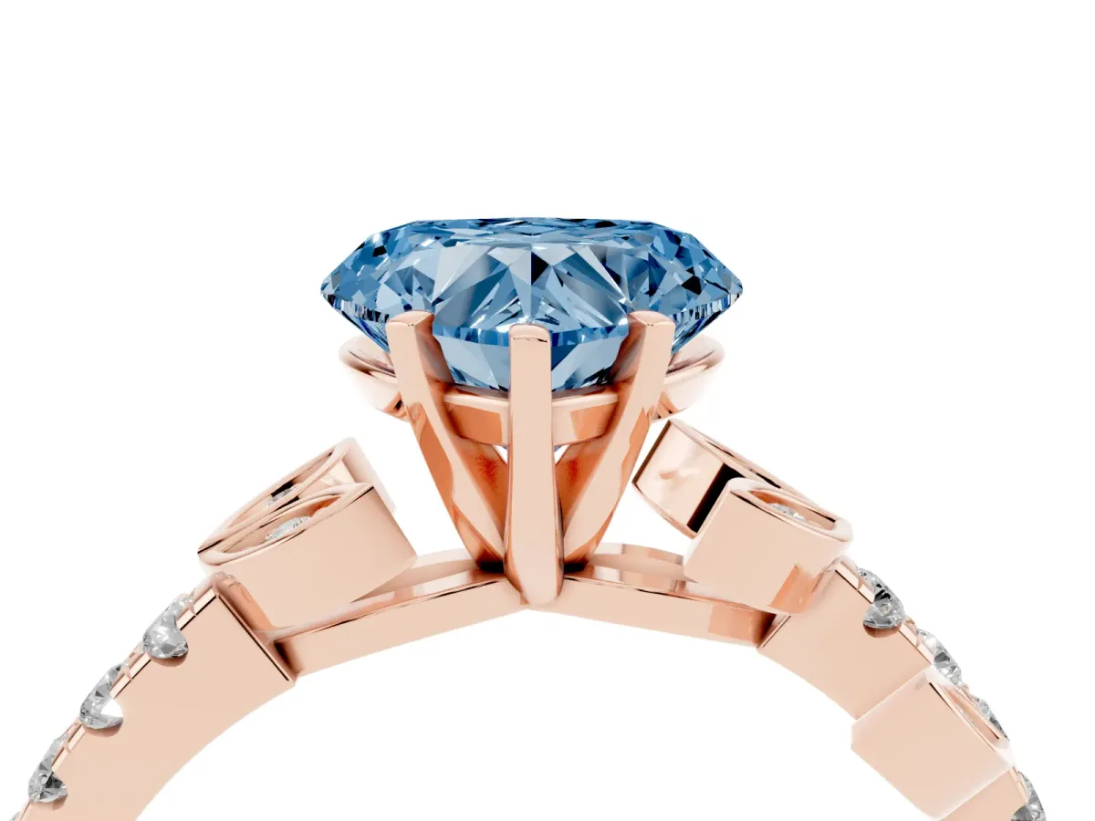 Fancy Blue Heart Cut Solitaire Leaf-Inspired Diamond Ring with Pavé Band and Four-Prong Setting Rose gold