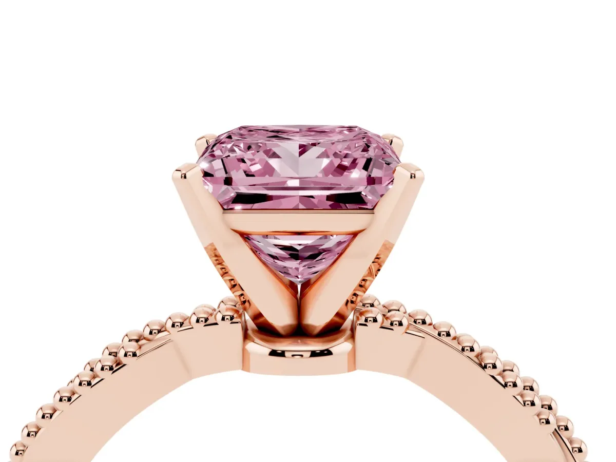 Fancy Pink Princess Cut Solitaire Twisted Band with Bead Prong Setting Rose gold