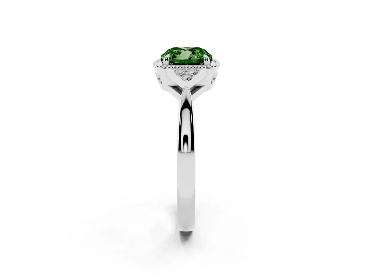 Fancy Green Hexagonal Halo Cushion Cut Diamond Solitaire with Pavé Band and Four-Prong Setting White gold