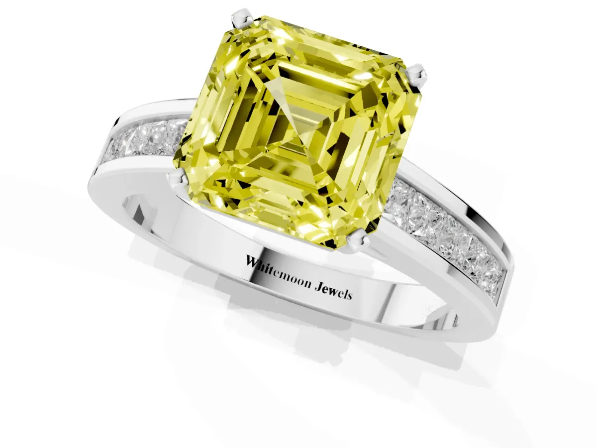 Fancy Yellow Asscher Cut Solitaire Diamond Ring with Channel-Set Band and Four-Prong Setting Silver