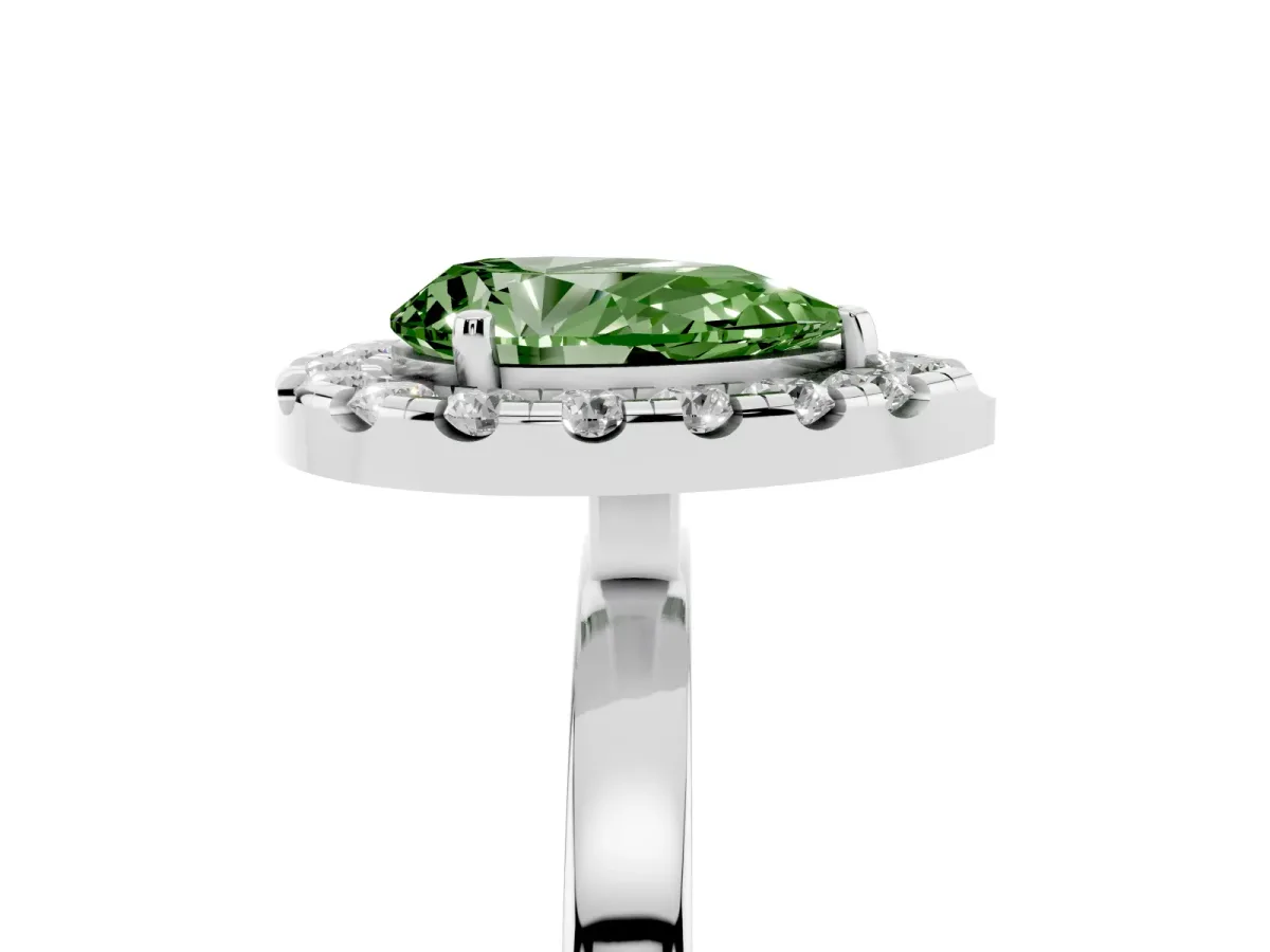 Fancy Green Pear Cut Halo Diamond Solitaire with Pavé Band and Four-Prong Setting Silver