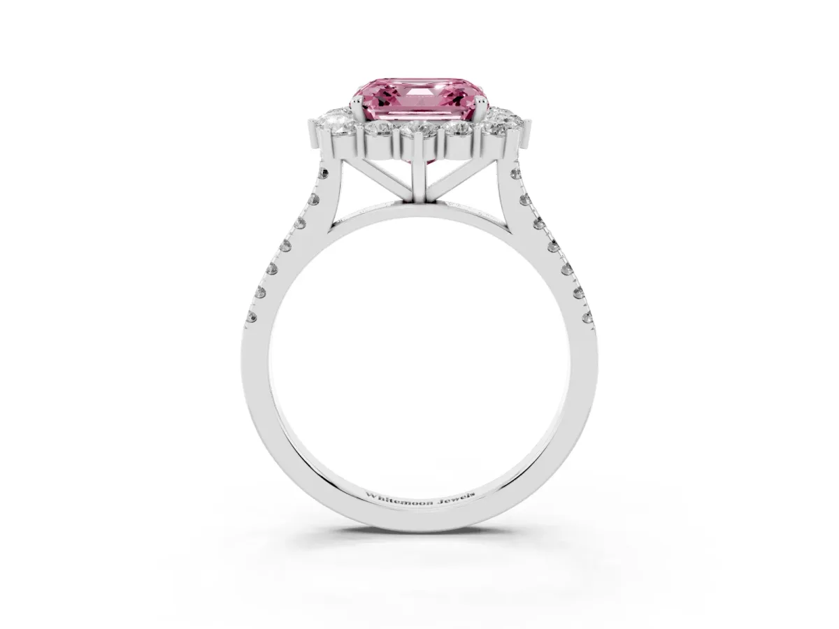 Fancy Pink Asscher Cut Halo Diamond Ring with Pavé Band and Prong Setting Silver
