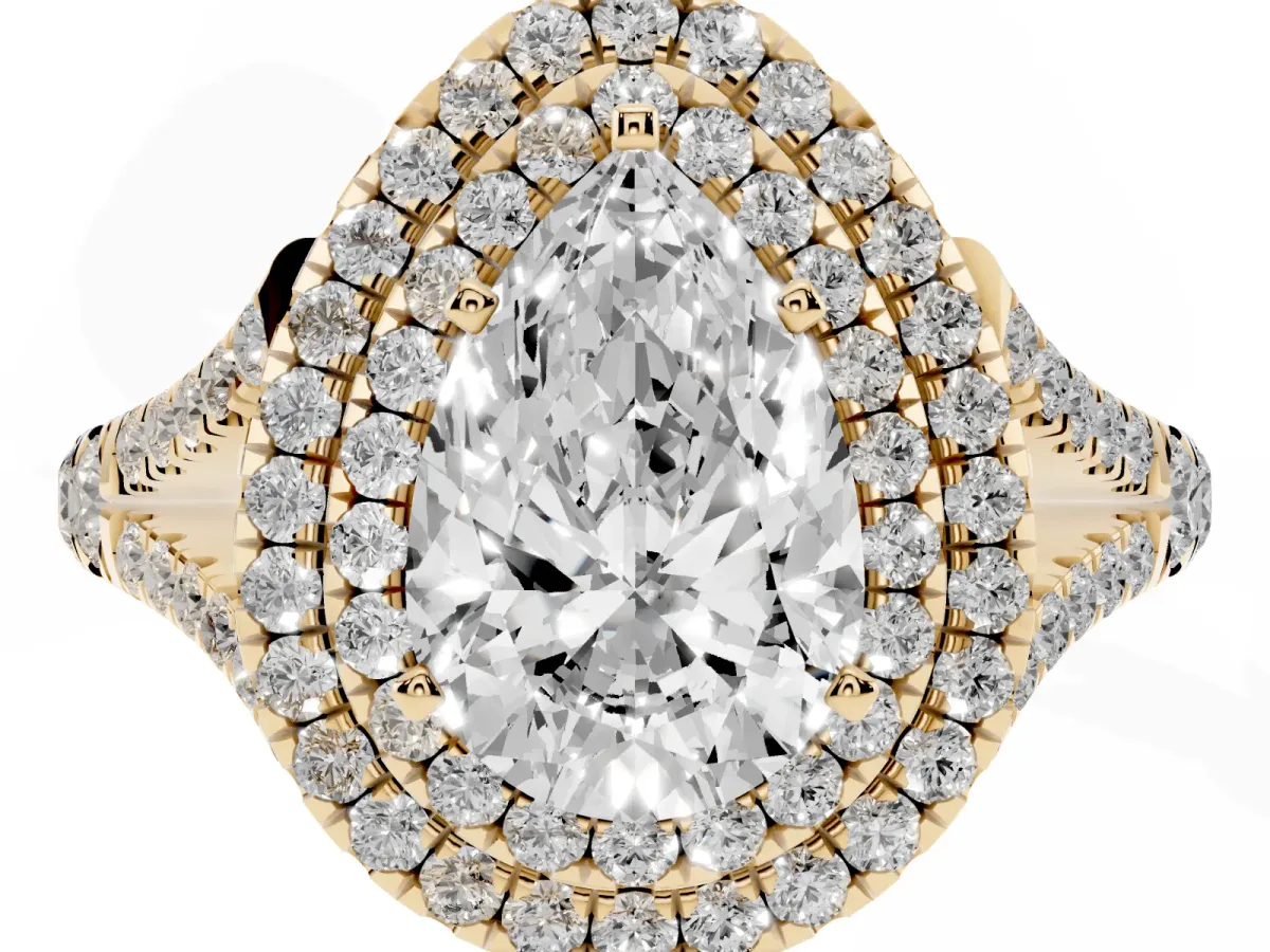 Pear Cut Cut Double Halo Split Shank Diamond Ring with Prong Setting Yellow gold