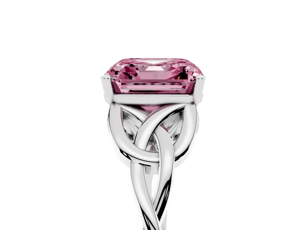 Fancy Pink Asscher Cut Diamond Solitaire Engagement Ring with Celtic Knot Band and Four-Prong Setting Silver