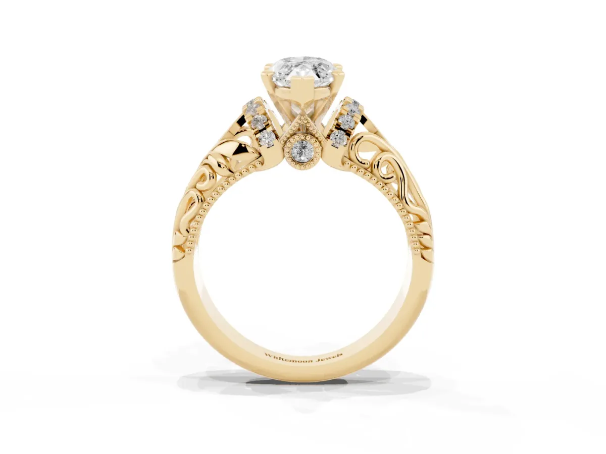 Marquise Cut Solitaire Filigree Engagement Ring with Halo and Prong Setting Yellow gold