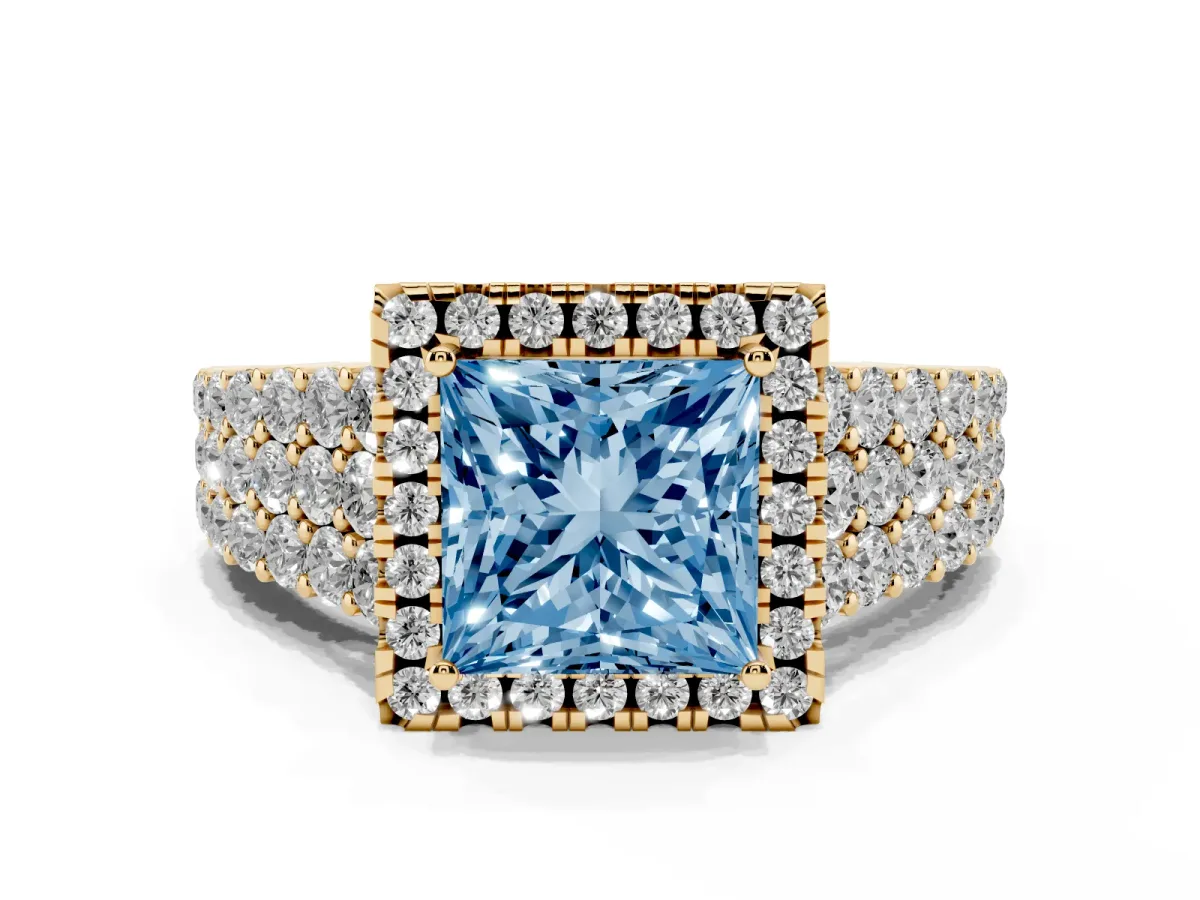 Fancy Blue Princess Cut Diamond Halo Engagement Ring with Triple Row Round Pavé Band and Prong Setting Yellow gold