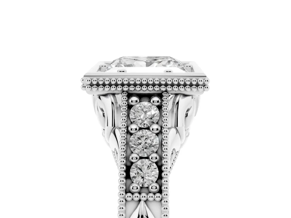 Bezel Set Princess Cut Diamond Milgrain Pave Engagement Ring Silver