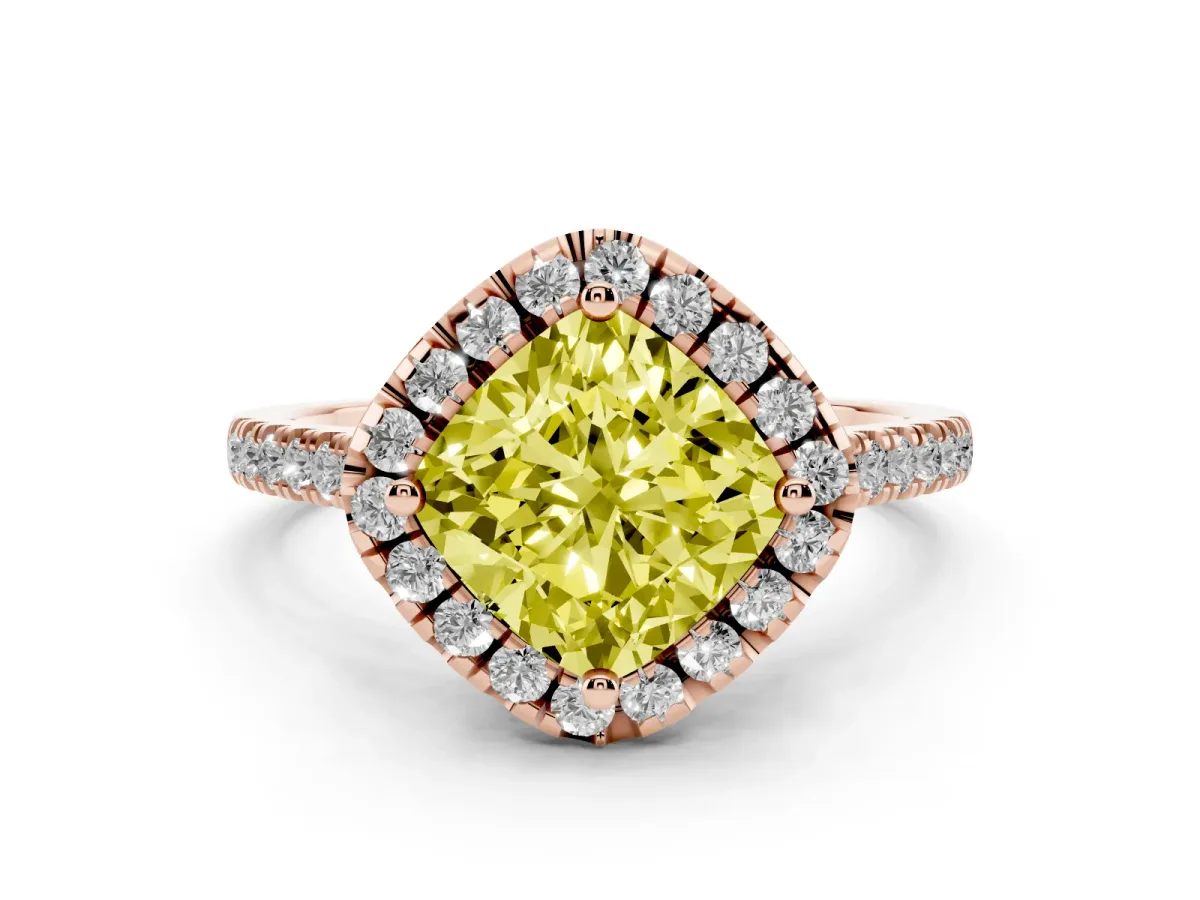 Fancy Yellow Cushion Cut Diamond Cushion Halo Ring with Pavé Band Rose gold