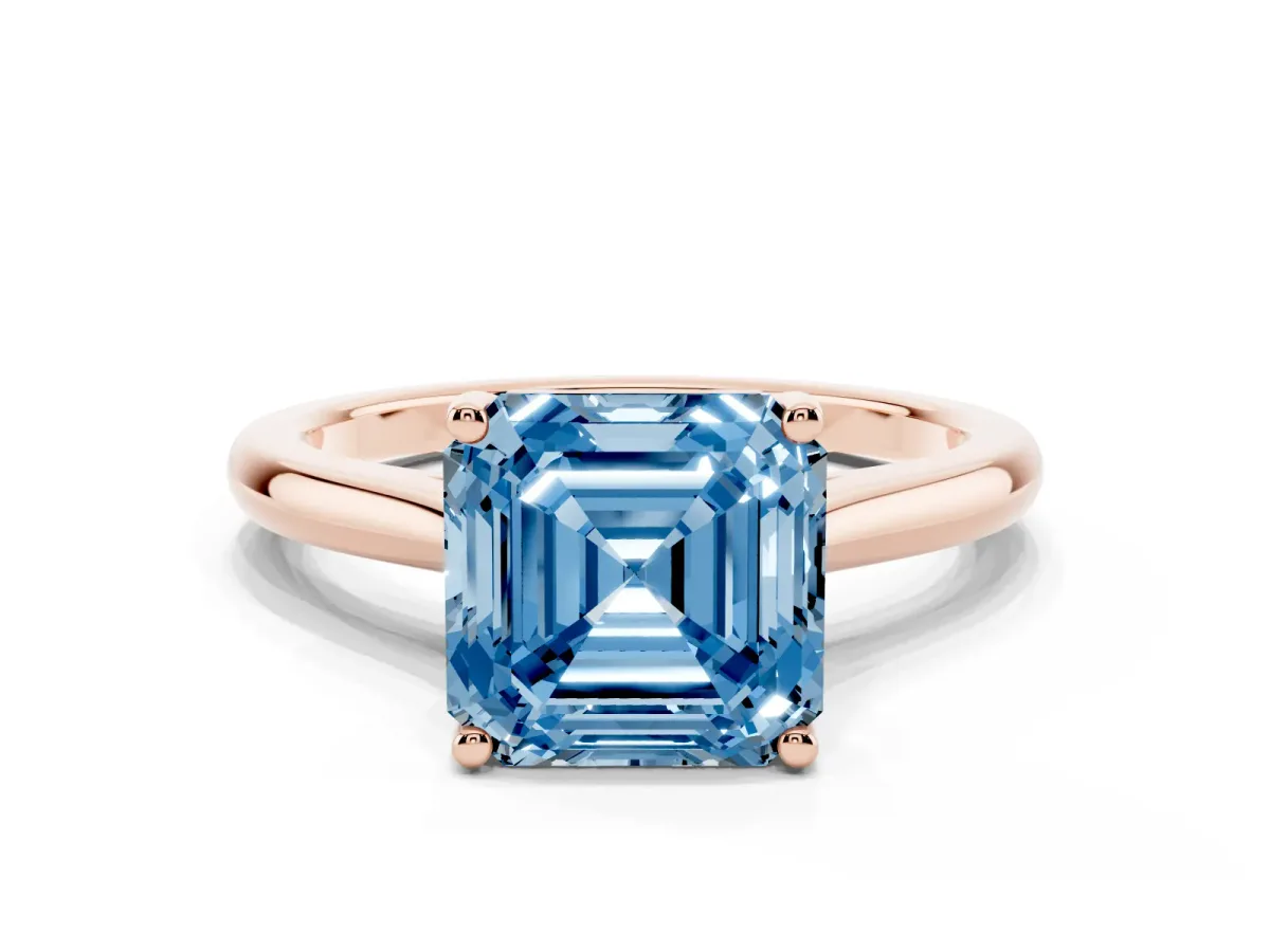 Fancy Blue Asscher Cut Cut Solitaire Ring with Cathedral Band and Four-Prong Setting Rose gold