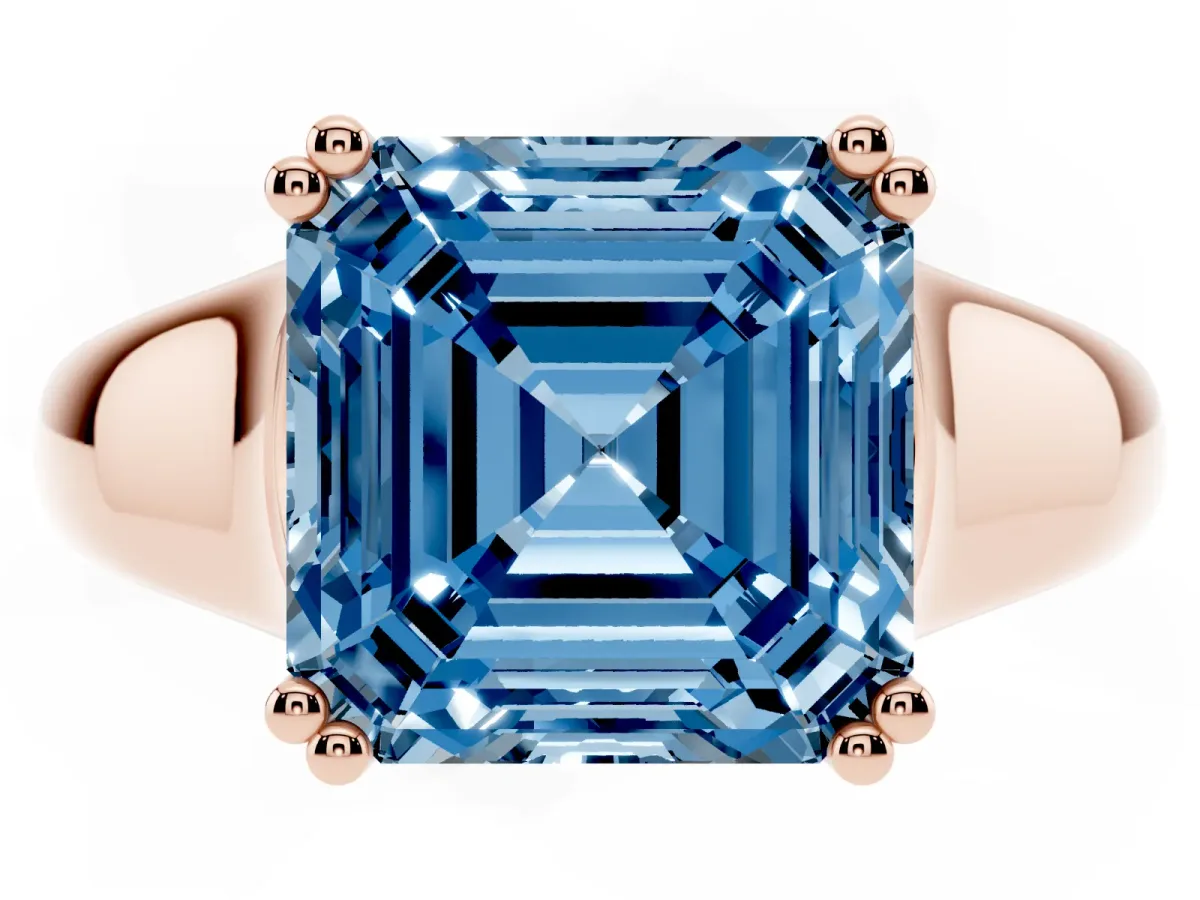 Fancy Blue Asscher Cut Diamond Solitaire Ring with Wide Band and Prong Setting Rose gold