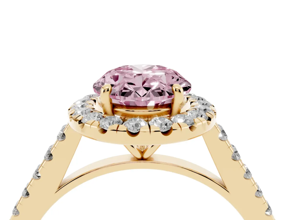 Fancy Pink Oval Cut Halo Pave Diamond Engagement Ring with Four-Prong Setting Yellow gold