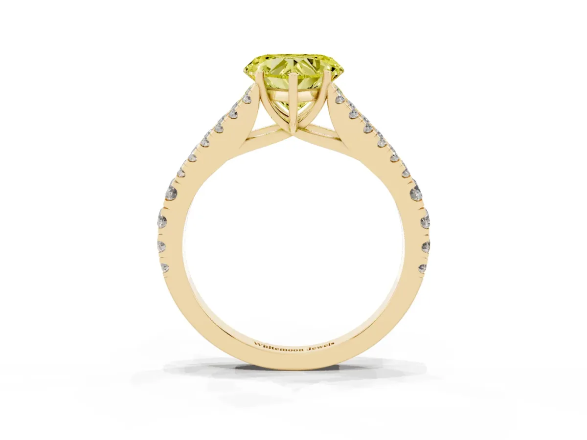 Fancy Yellow Heart Cut Diamond Split Shank Engagement Ring with Round Pavé and Prong Setting Yellow gold